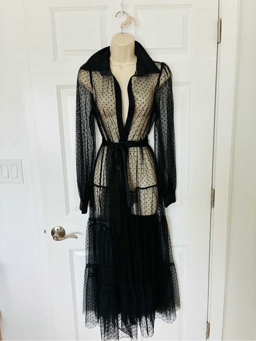 Sheer Swiss polka dot duster dress with belt